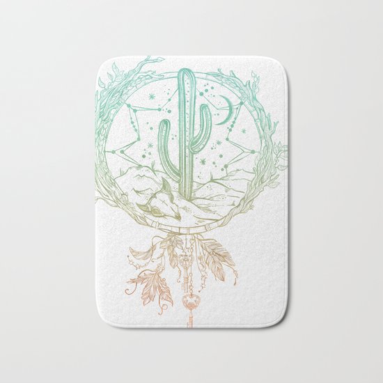 Desert Cactus Dreamcatcher Turquoise Coral Gradient on White Bath Mat