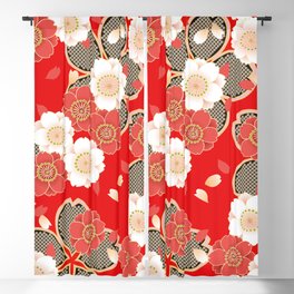 Japanese Vintage Red Black White Floral Kimono Pattern Blackout Curtain