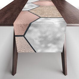 Marble hexagons and rose gold on black Table Runner