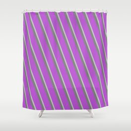 [ Thumbnail: Grey, Gray, and Orchid Colored Striped/Lined Pattern Shower Curtain ]