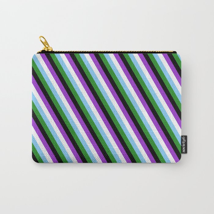 Eye-catching Dark Orchid, White, Light Sky Blue, Forest Green, and Black Colored Stripes Pattern Carry-All Pouch