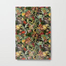 Vintage & Shabby Chic - Black Monkey Banana Jungle Metal Print | Monkey, Garden, Flowers, Vintage, Watercolor, Banana, Summer, Antique, Midnight, Painting 