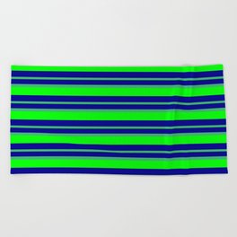 [ Thumbnail: Dark Blue, Sea Green & Lime Colored Lined/Striped Pattern Beach Towel ]