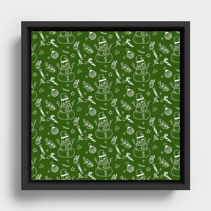 Green and White Christmas Snowman Doodle Pattern Framed Canvas