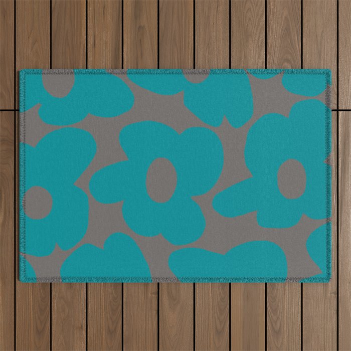 Large Turquoise Green Retro Flowers on Dark Gray Background #decor #society6 #buyart Outdoor Rug