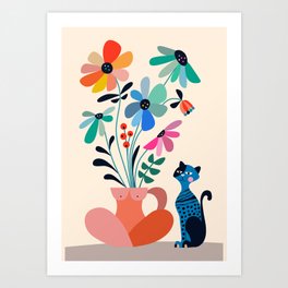 Modern Daisies & Black cat Art Print