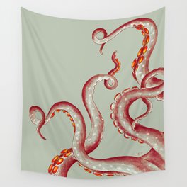 Coral Red Tentacles On Green-ish Beige Ink Wall Tapestry