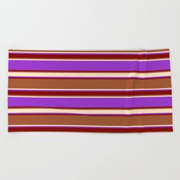 [ Thumbnail: Sienna, Bisque, Dark Orchid, and Maroon Colored Lined/Striped Pattern Beach Towel ]