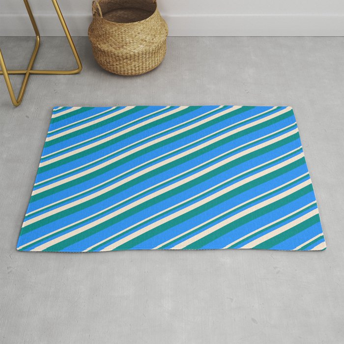 Beige, Dark Cyan, and Blue Colored Lined Pattern Rug