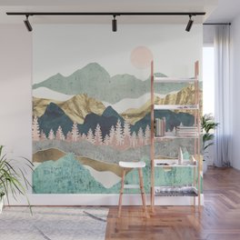 Summer Vista Wall Mural | Gold, Curated, Mint, Green, Aqua, Mountains, Forest, Landscape, Dream, Graphicdesign 