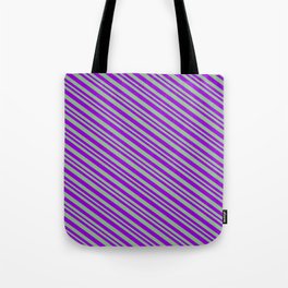 [ Thumbnail: Dark Violet & Dark Sea Green Colored Pattern of Stripes Tote Bag ]