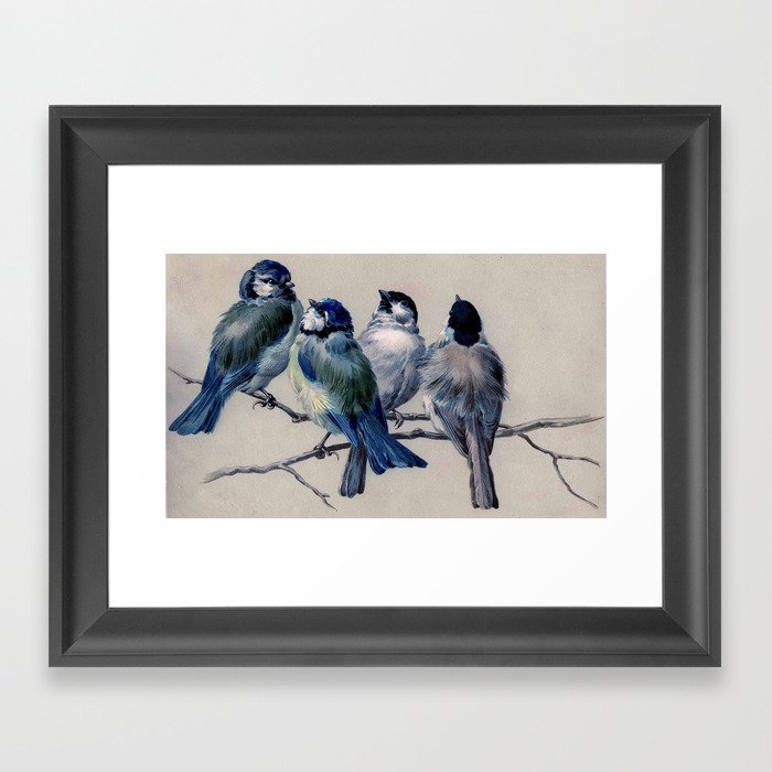 Vintage Cute Blue Birds on Branch Framed Art Print