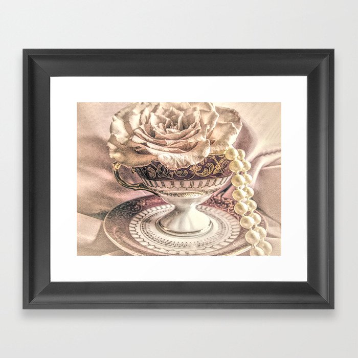 Rose Pearls Teacup Still Life Modern Cottage Chic Decor Art Matted Picture A466 Framed Art Print