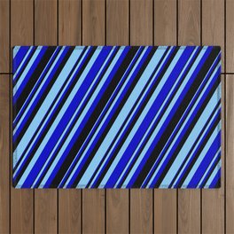 [ Thumbnail: Light Sky Blue, Blue & Black Colored Stripes/Lines Pattern Outdoor Rug ]