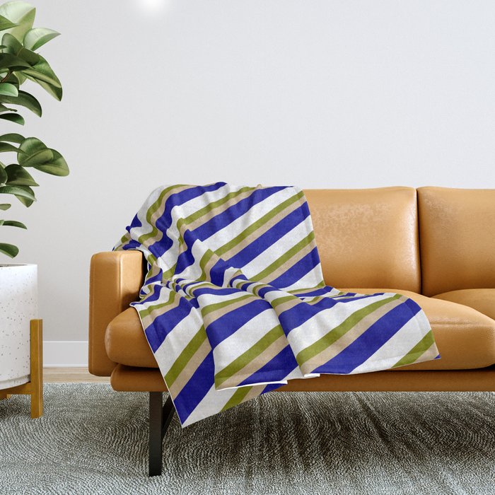 Green, Tan, Dark Blue, and White Colored Stripes/Lines Pattern Throw Blanket