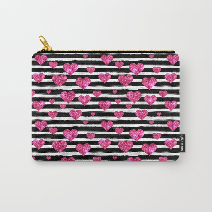 Black Stripes and Pink Hearts | Glitter Chic Pattern 09 Carry-All Pouch