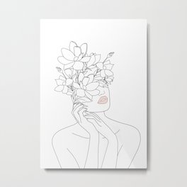Minimal Line Art Woman with Magnolia Metal Print | Tropical, Lady, Floral, Blossom, Curated, Leaves, Woman, Rose, Art, Portrait 