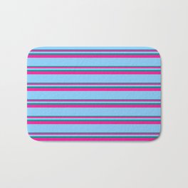 [ Thumbnail: Dark Cyan, Deep Pink, and Light Sky Blue Colored Lined Pattern Bath Mat ]