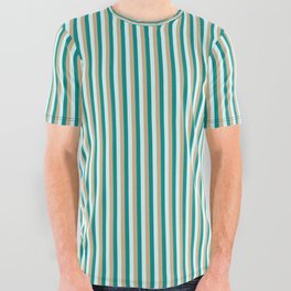 [ Thumbnail: Tan, Dark Cyan, and Light Cyan Colored Striped Pattern All Over Graphic Tee ]