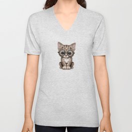 Cute Brown Tabby Kitten Wearing Eye Glasses on Red V Neck T Shirt