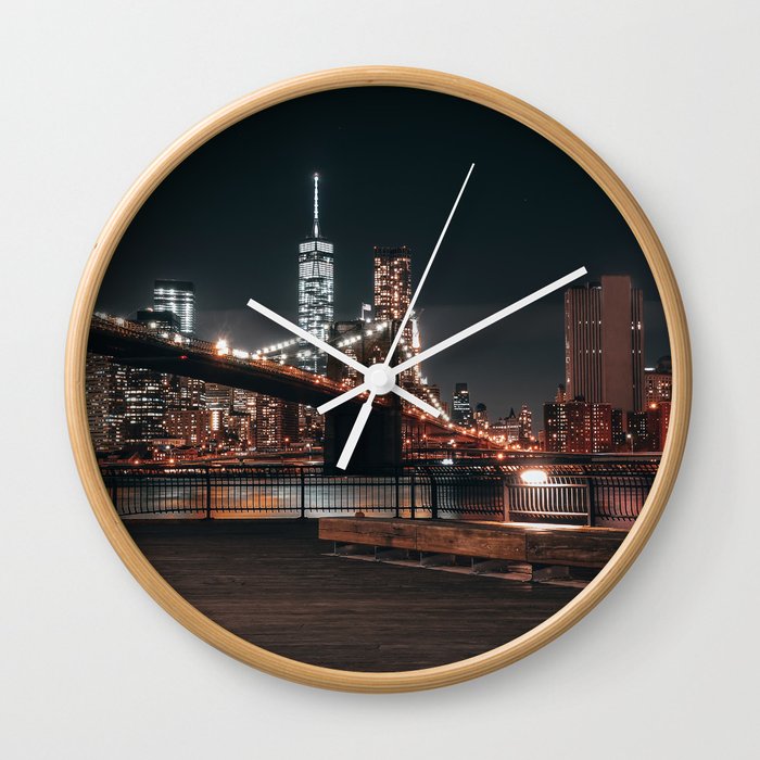 Brooklyn Bridge and Manhattan skyline at night in New York City Wall Clock