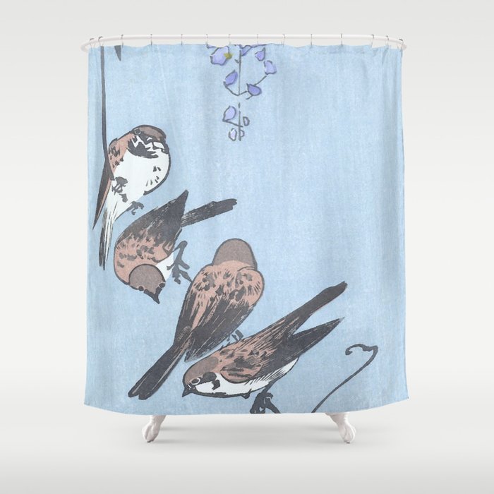 Sparrows and Wisteria Flower - Vintage Japanese Woodblock Print Art Shower Curtain