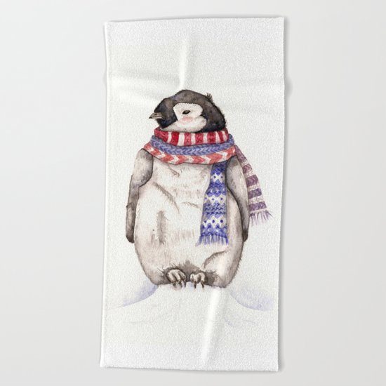 Baby Penguin in Red and Blue Scarf. Winter Season Beach Towel
