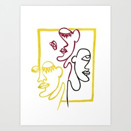 Black, Yellow, Pink Faces, Minimal Line Drawing Art Print