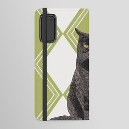 Black cat sitting on a modern lime green geometric pattern background Android Wallet Case
