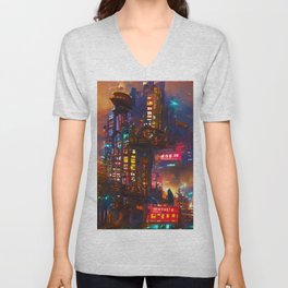 Cyberpunk Cityscape V Neck T Shirt