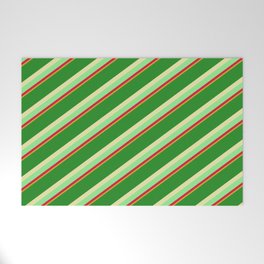 [ Thumbnail: Forest Green, Pale Goldenrod, Light Green, Crimson, and Goldenrod Colored Pattern of Stripes Welcome Mat ]