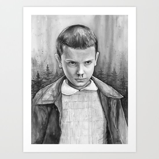 Stranger Things Eleven Watercolor Painting Black and White Art Print