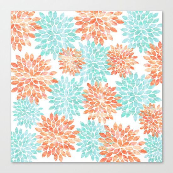 aqua and coral flowers Canvas Print