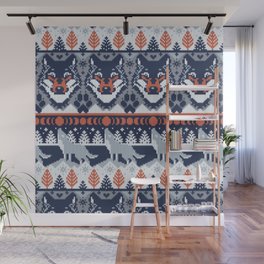 Fair isle knitting grey wolf // navy blue and grey wolves orange moons and pine trees Wall Mural