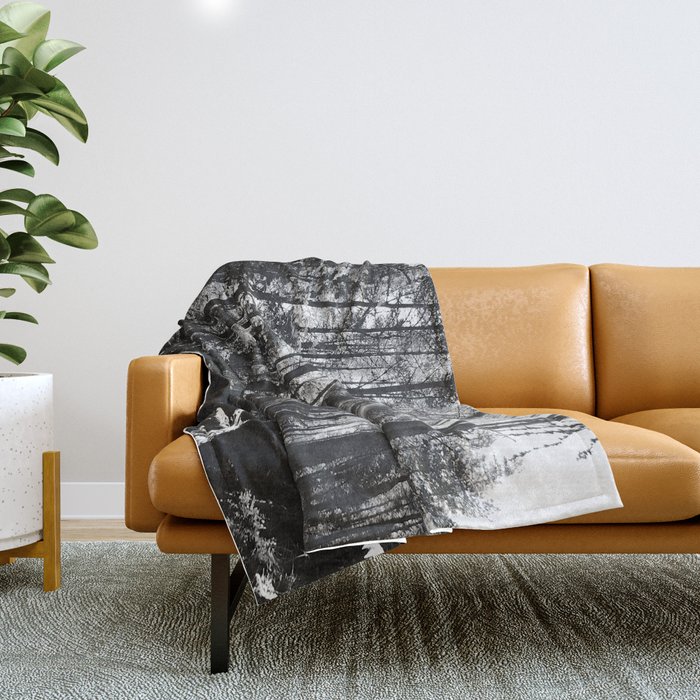 Summer Sun in a Scottish Highlands Woodland in Black and White Throw Blanket