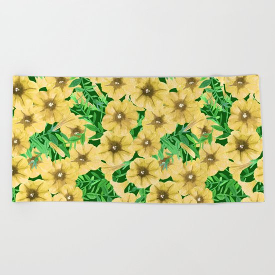 Yellow watercolor petunia flower pattern Beach Towel