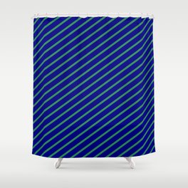 [ Thumbnail: Blue and Sea Green Colored Lines/Stripes Pattern Shower Curtain ]