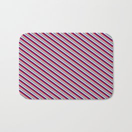 [ Thumbnail: Vibrant Red, Grey, Light Slate Gray, Beige & Dark Blue Colored Pattern of Stripes Bath Mat ]