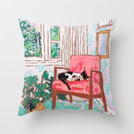 Little Naps - Tuxedo Cat Napping in a Pink Mid-Century Chair by the Window Throw Pillow