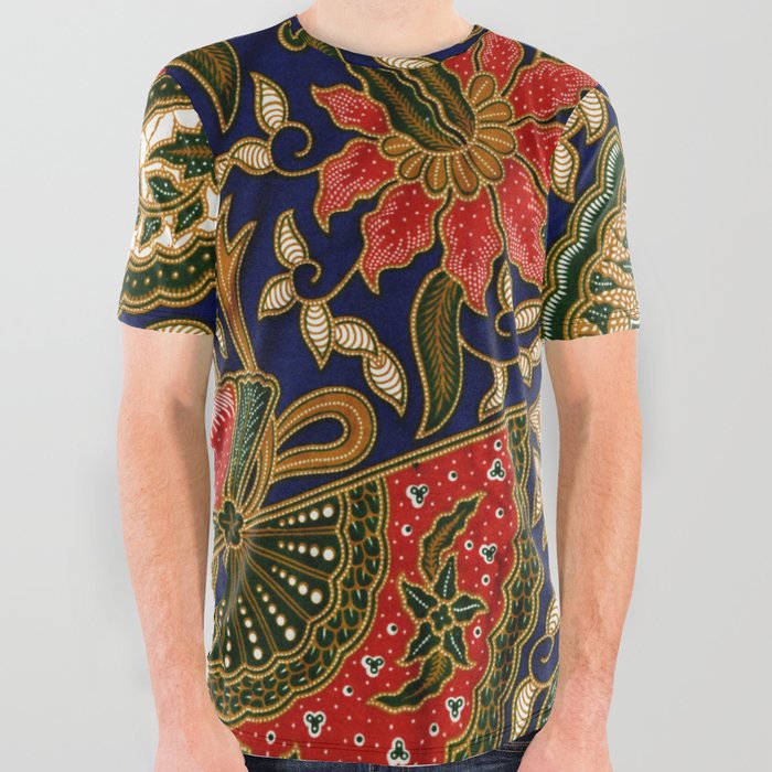 Indonesian Batik Floral Pattern With Fans All Over Graphic Tee