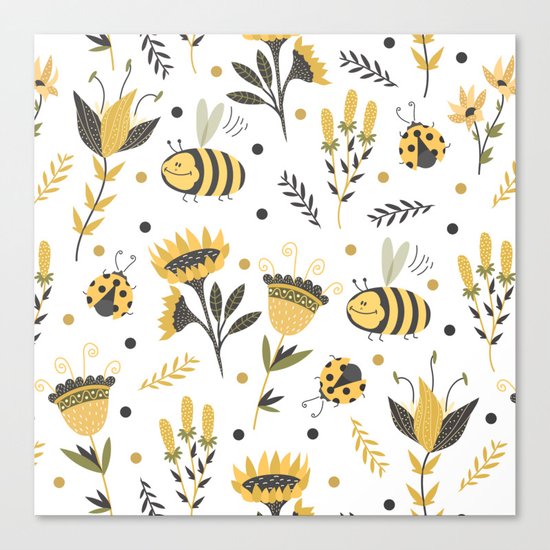 Bees and ladybugs. Gold and black Canvas Print