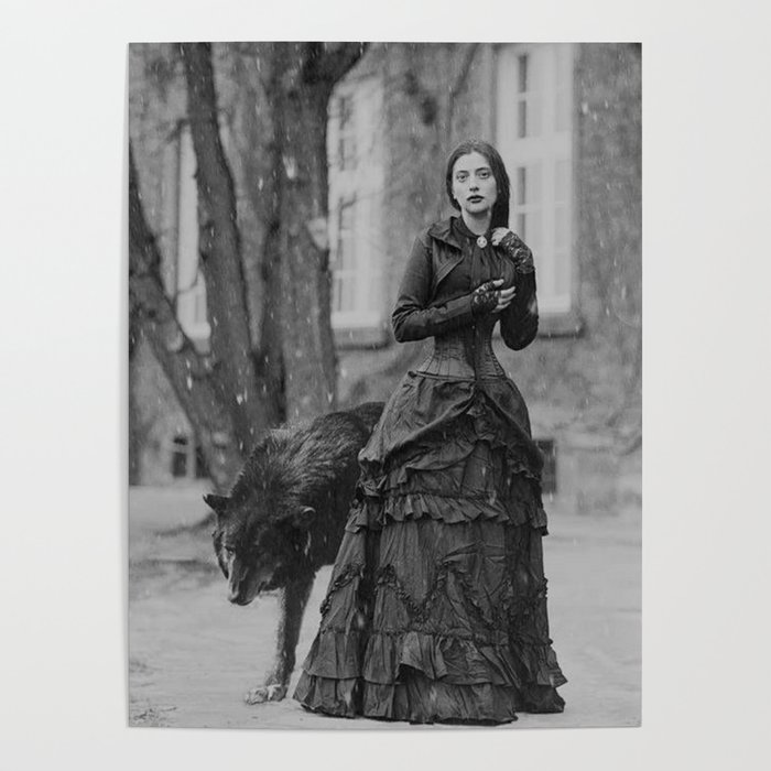 The Girl and the Big Bad Wolf black and white photograph Poster