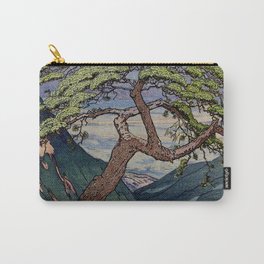 The Downwards Climbing - Summer Tree & Mountain Ukiyoe Nature Landscape in Green Carry-All Pouch | Clouds, Pink, Print, Landscape, Digital, Illustration, Ukiyoe, Curated, Green, Vintage 