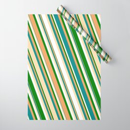 [ Thumbnail: Vibrant Brown, Dark Cyan, Tan, White & Green Colored Striped Pattern Wrapping Paper ]