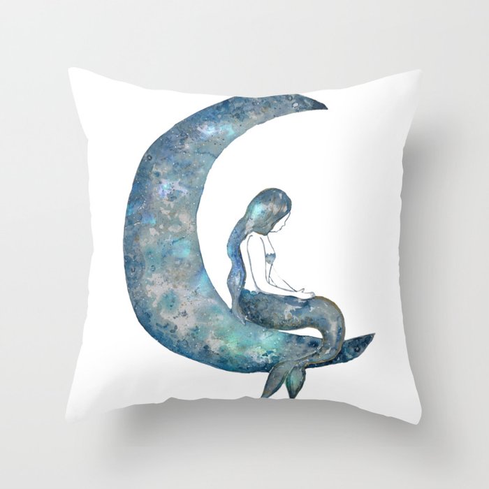 Mermaid moon watercolor painting print art Throw Pillow