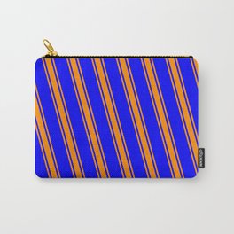 [ Thumbnail: Blue and Dark Orange Colored Lined/Striped Pattern Carry-All Pouch ]