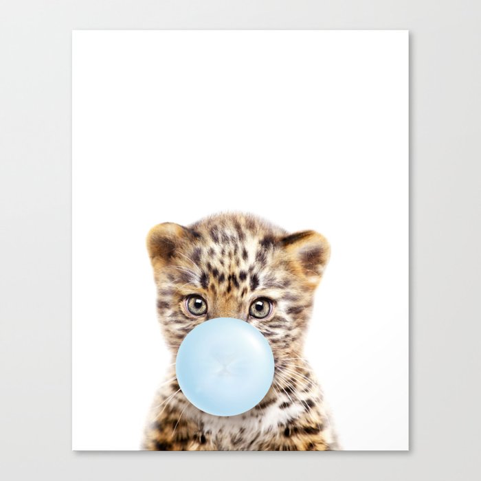 Baby Leopard Blowing Blue Bubble Gum, Baby Boy, Kids, Nursery, Baby Animals Art Print by Synplus Canvas Print