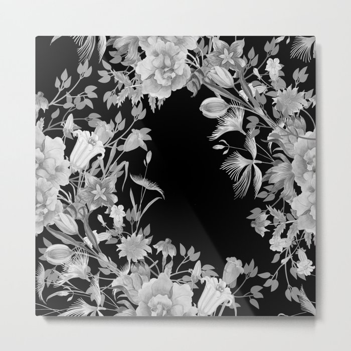 Stardust Black and White Floral Motif Metal Print