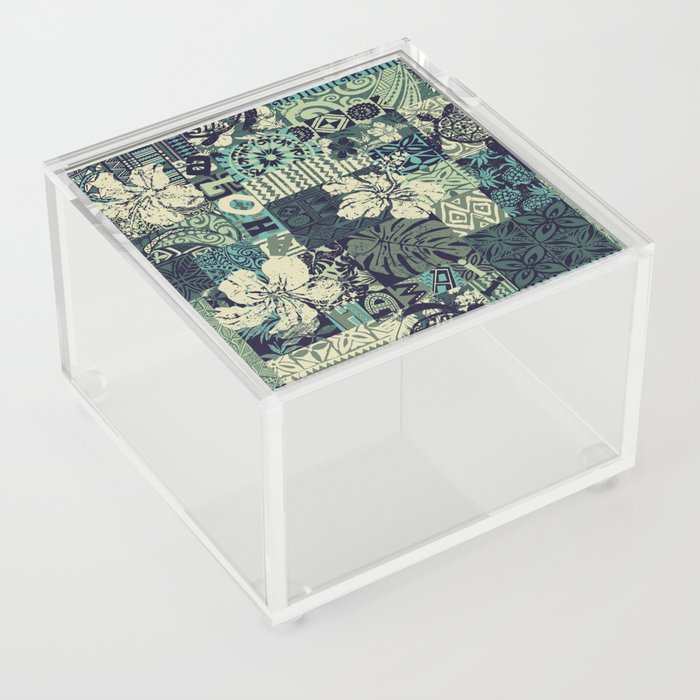 Hawaiian hibiscus and tribal element fabric patchwork abstract vintage vintage seamless pattern  Acrylic Box