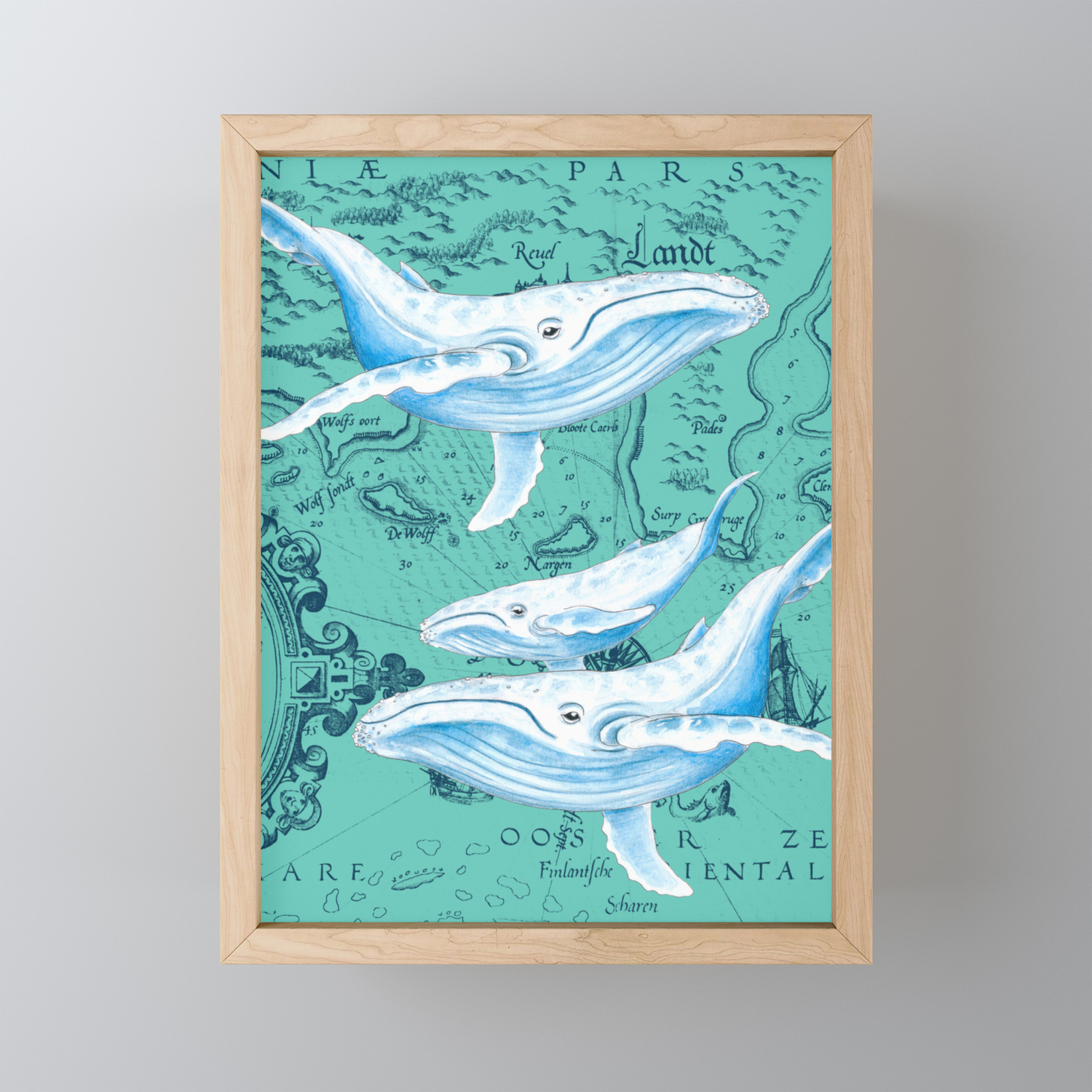 Whale Family Teal Framed Mini Art Print By Eveystudios Society6